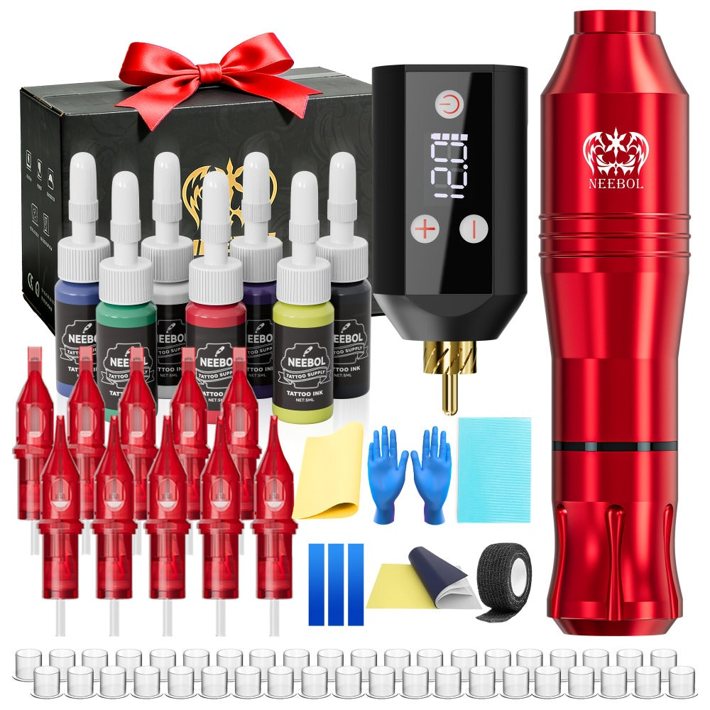 Tattoo Machine Kit Neebol Wireless Pen with Screen Display, 10 Cartridges, 7 Inks and Four Color or Pro Options — image 1