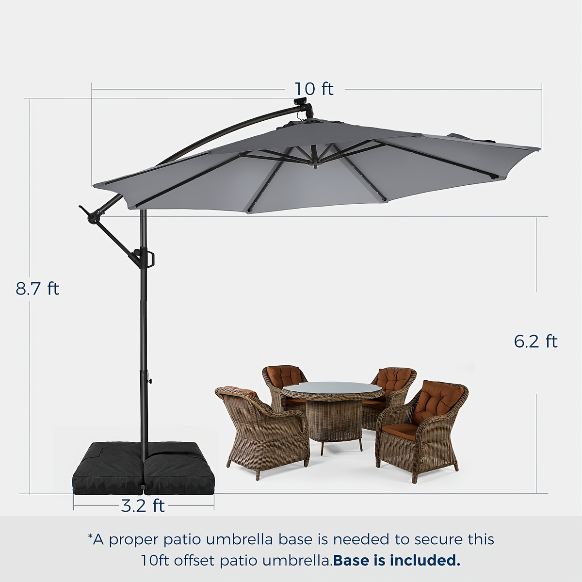 Patio Umbrella 10FT Solar LED Cantilever Style with 32 Lights, Eight-Rib Frame, Tilt and Four Colors — image 6