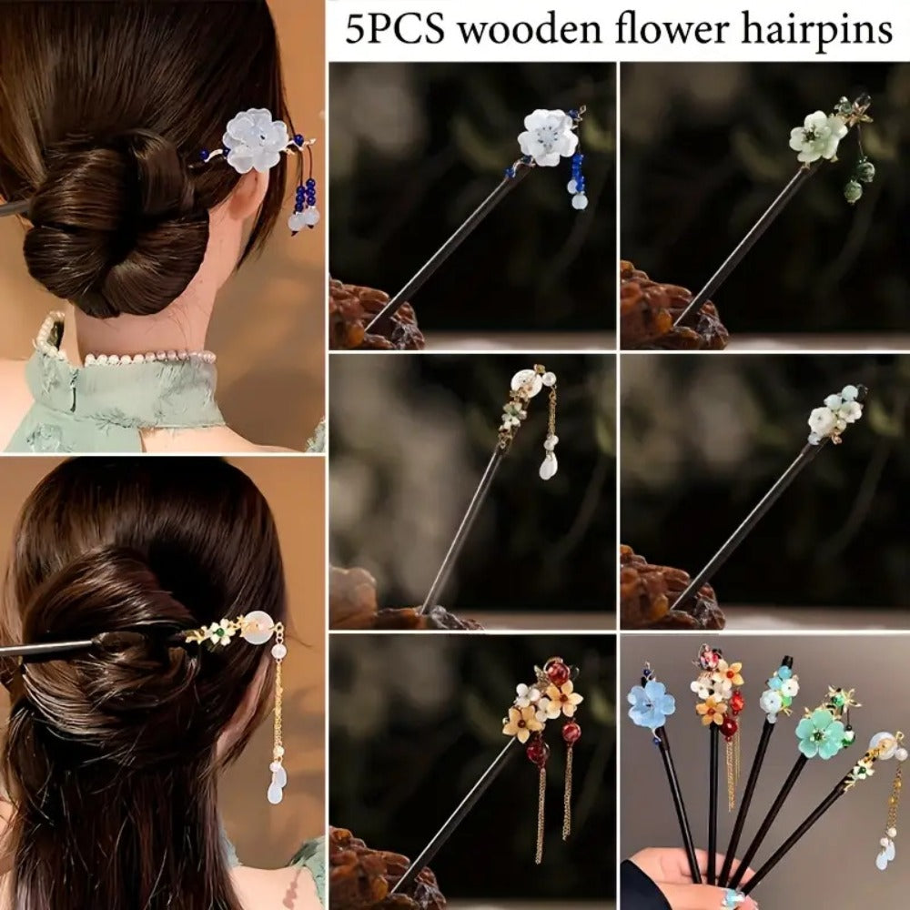 Hair Accessories Five-Piece Wooden Flower Hairpin Set in Mixed Finishes for Buns and Updos — image 5