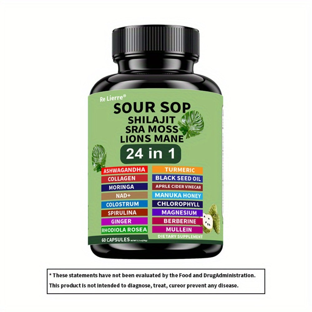 Dietary Supplement Sea Moss 24-in-1 Capsules with Soursop, Lion’s Mane and Shilajit, One or Two Bottles — image 5