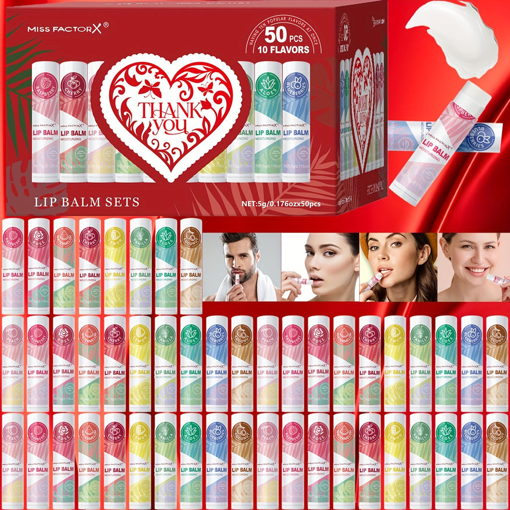 Fruit Flavored Lip Gloss Set 50 Pieces – Moisturizing Lip Balm Kit in 10 Colors, Hydrating Lip Care for Dry & Cracked Lips, D