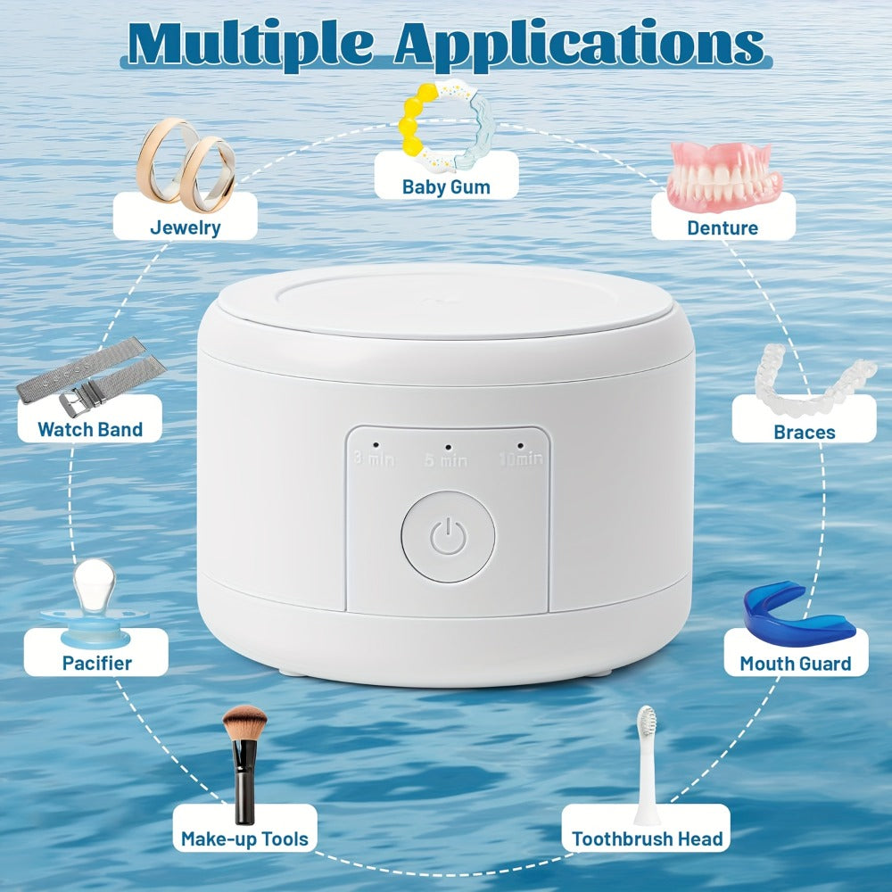 Electric Ultrasonic Cleaner Machine for Dentures Jewelry & Glasses – USB Rechargeable 3 Speeds Auto Timer 180ml Tank One-Touc