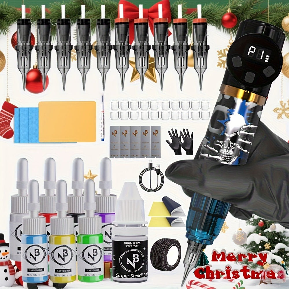 Cordless Tattoo Kit with 1100mAh Skeleton Rotary Pen, 10 Cartridge Needles, 7 Inks and Two Colors — image 3