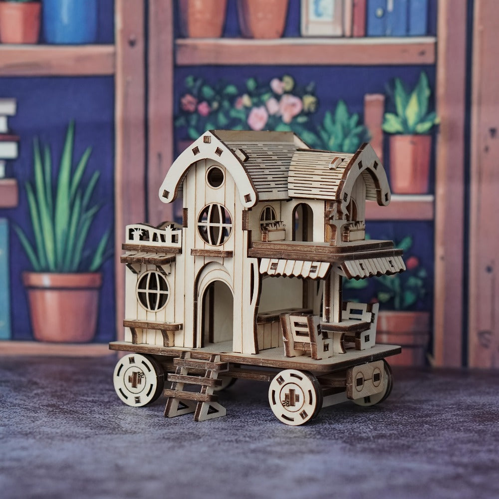 3D Wooden Puzzle Mobile Home on Wheels – DIY Café Bar Model Kit, Handcrafted Miniature House Assembly, Unique Desk Decoration