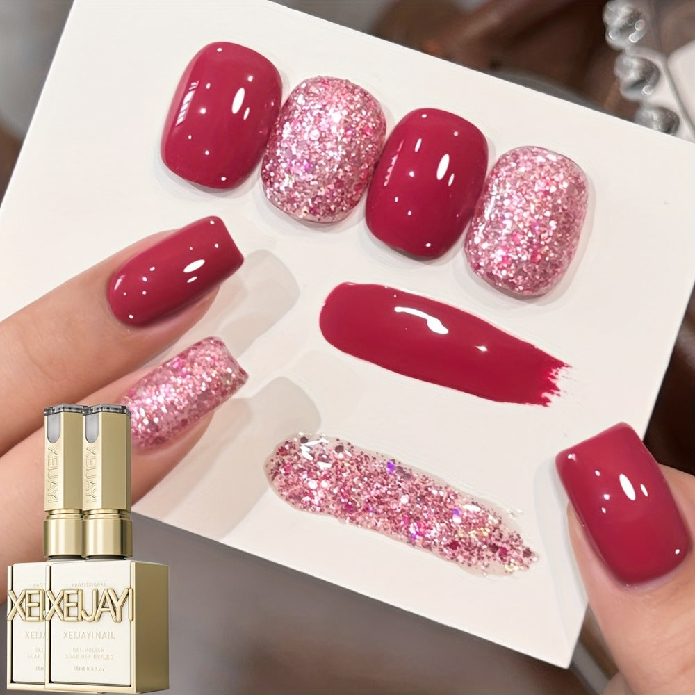 Gel Nail Polish Set with XEIJAYI Label, 2 Candy Holographic and Nude Pink Glitter Gel Colors — image 1