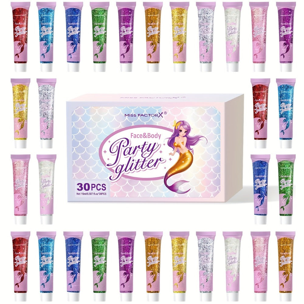 Face Body Glitter Gel Set 30 Pieces – Colorful Shapes Mermaid Sequin Stars Hearts, Transparent Gel Base, Skin-Safe Shimmer Ma