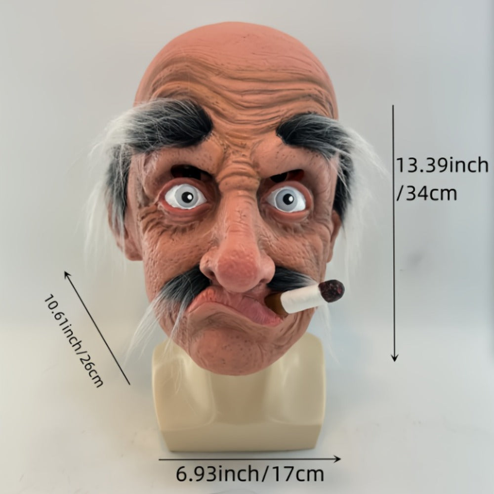 Bald Old-Man Full-Head Costume Mask with Gray Brows, Mustache, Side Hair and Faux Cigar for Adult Halloween Parties — image 5
