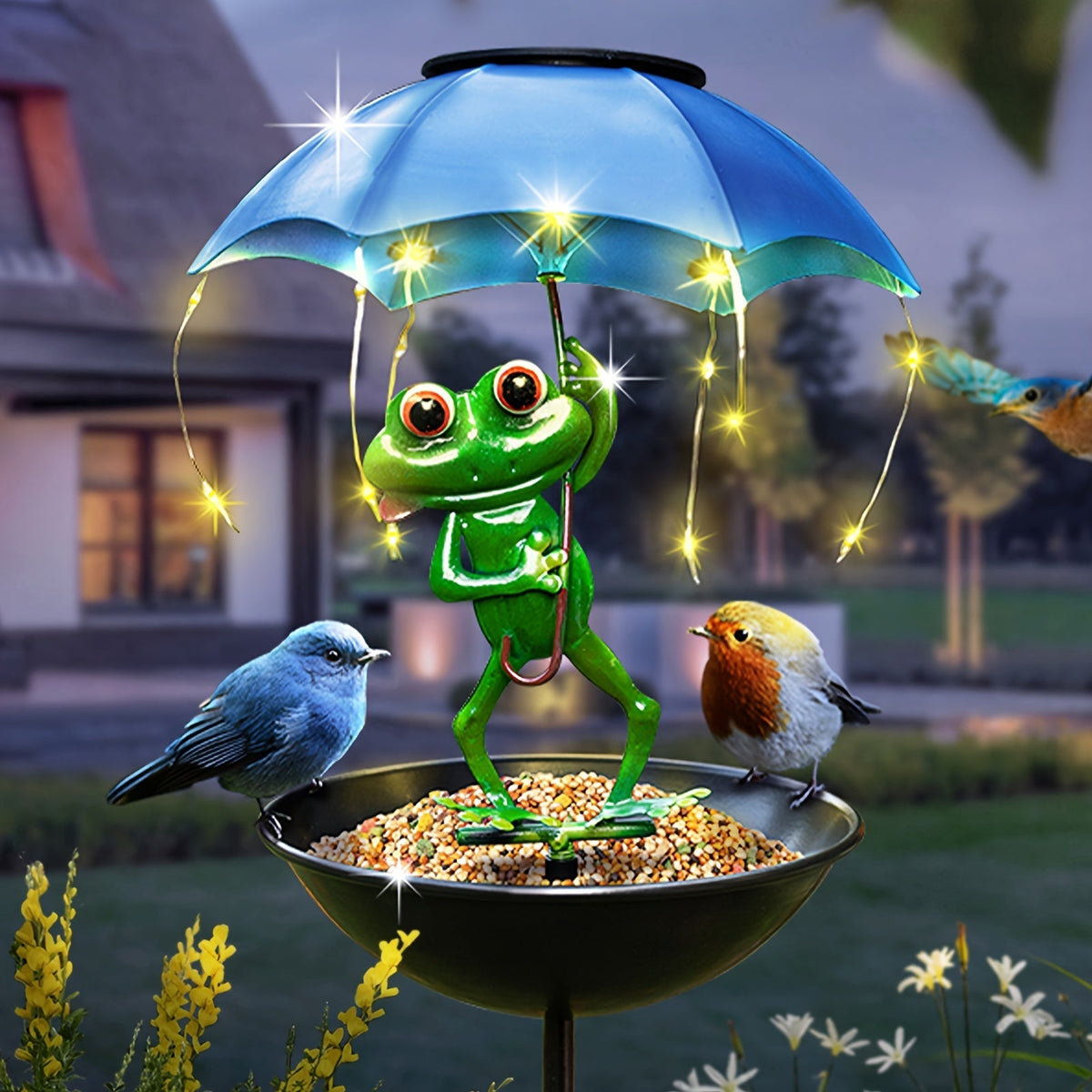 Solar Frog Statue Garden Light with Bird Feeder & LED String Decor, for Garden, Pathway and Patio Lighting — image 4