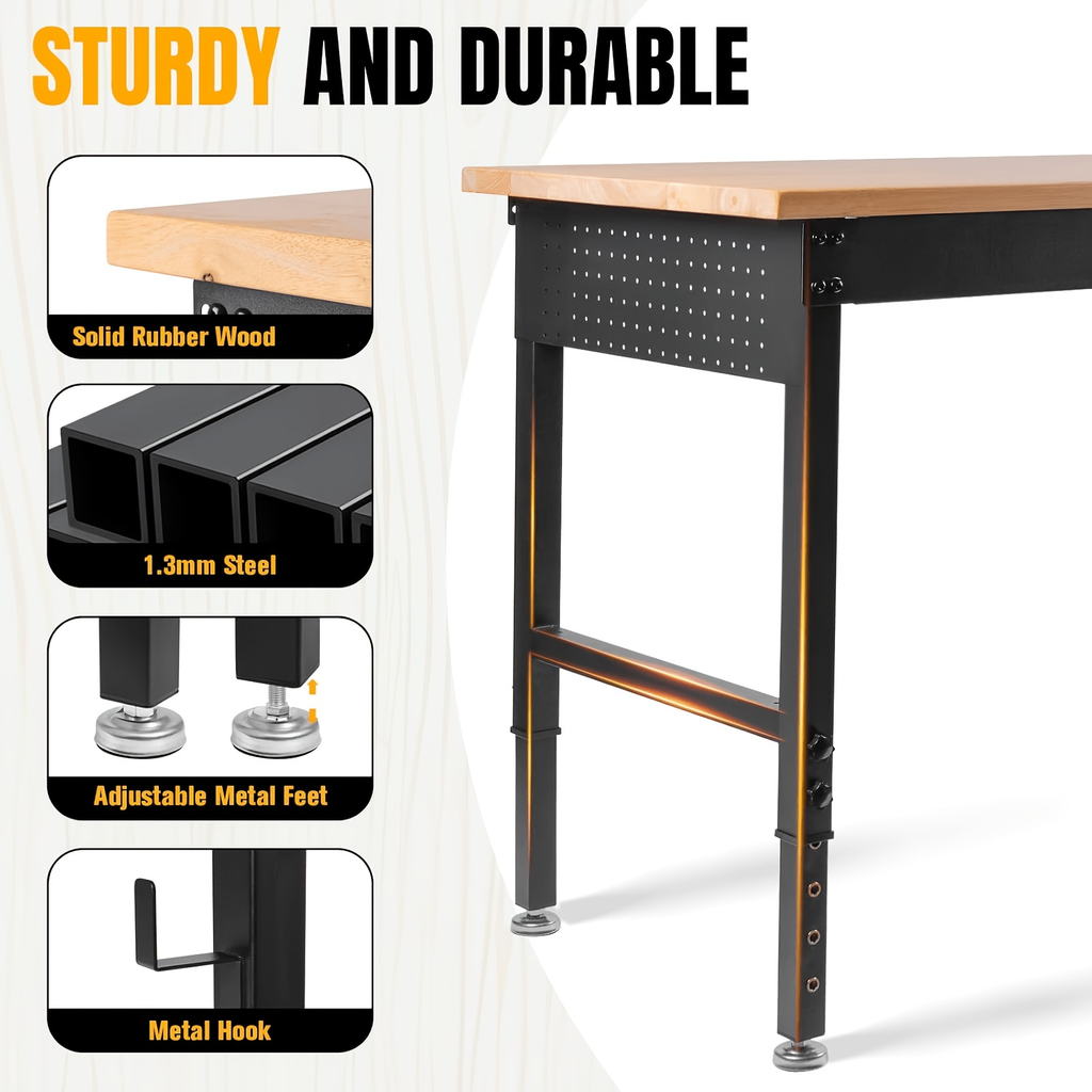 Adjustable 28–40-Inch Wood-Top Workbench in 60- or 96-Inch Widths with Pegboard, Wheels and Power Strip — image 10