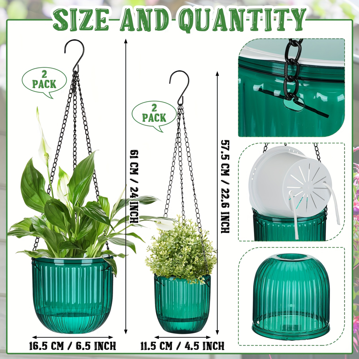 Self Watering Hanging Planters Set of 4 – 6.5" & 4.5" Hanging Flower Pots with 3 Hooks & Drainage Holes for Indoor Outdoor Ho