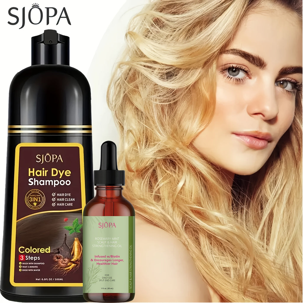 Hair Dye Shampoo, SJOPA 500ml Bottle and Rosemary Hair Oil Set with Seven Color Options for At-Home Color Selection — image 1