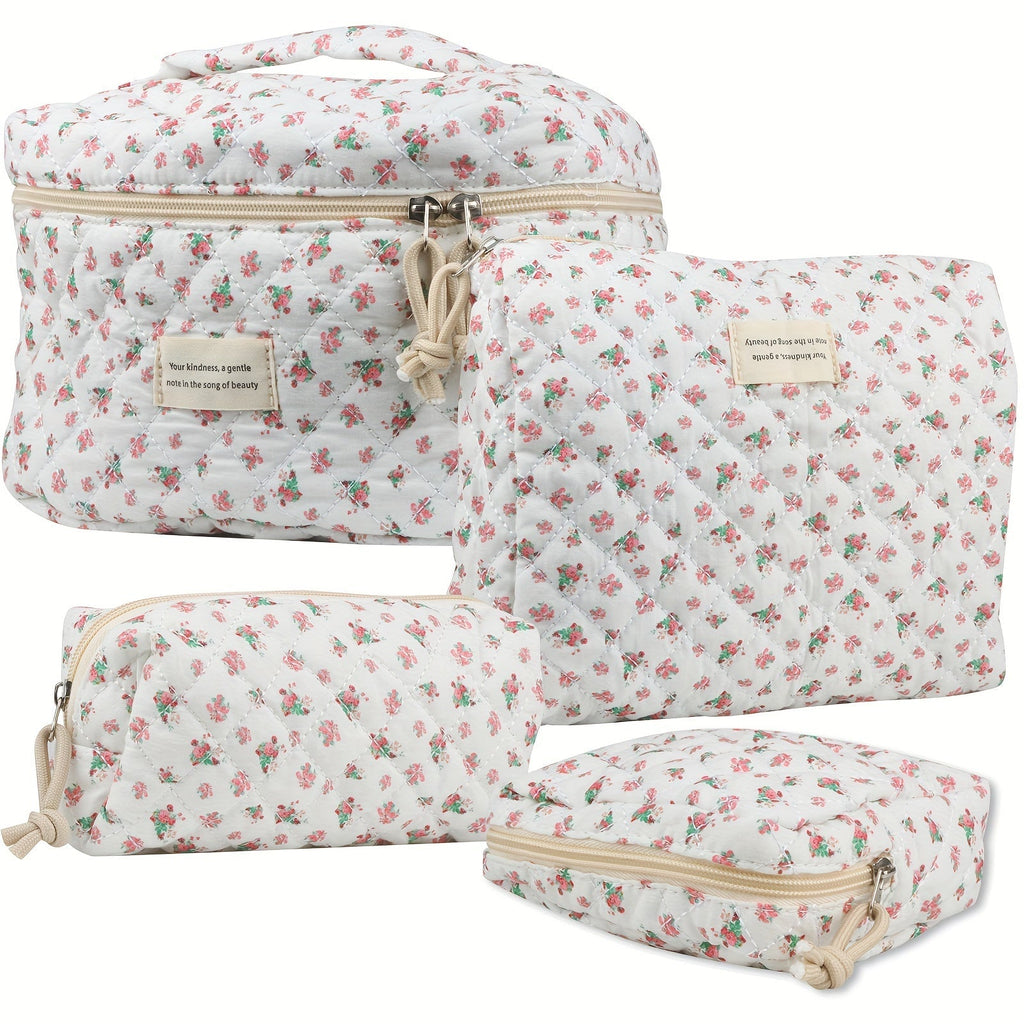 Makeup Bag Four-Piece Quilted Cotton Floral Pouch Set in Five Styles for Travel, Vanity and Everyday Beauty Storage — image 1