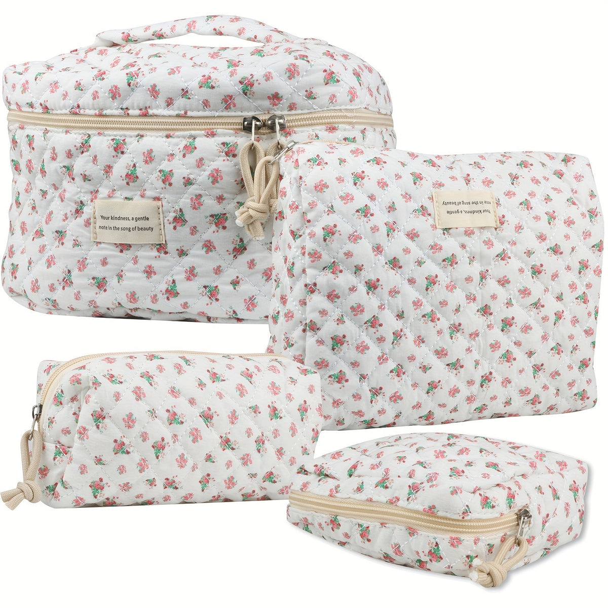 Makeup Bag Four-Piece Quilted Cotton Floral Pouch Set in Five Styles for Travel, Vanity and Everyday Beauty Storage — image 1