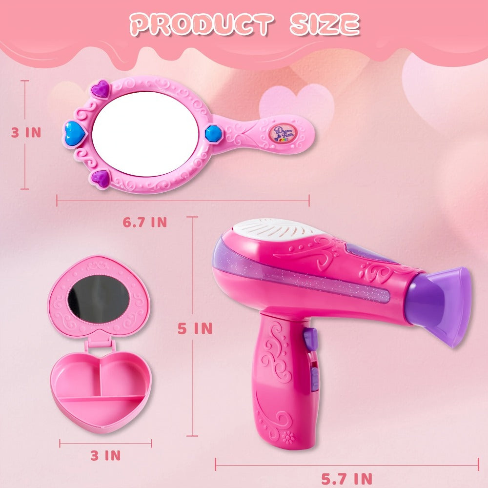 Girls Beauty Salon Toy Set 17 PCS, Pretend Play Hair Stylist Kit with Working Hairdryer Mirror Curling Wands Combs Clips & Je