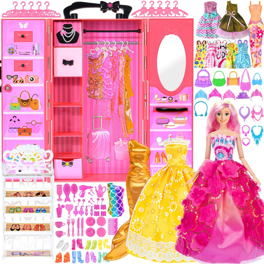 Doll Closet Playset 105 Piece Rose Wardrobe for 11.5 Inch Dolls, Wedding Gowns Fishtail Dress Swimsuit Shoes Handbags Crowns 