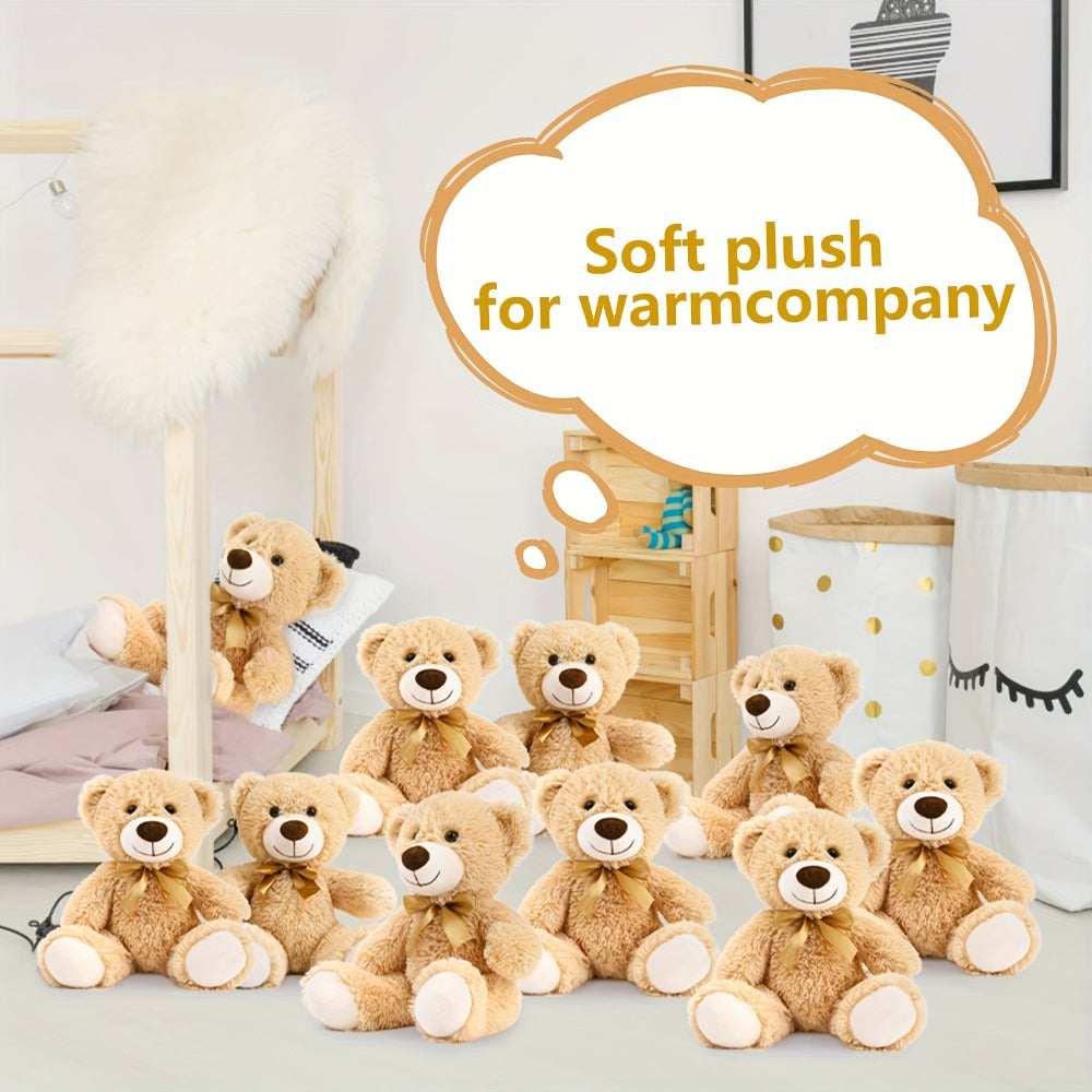 Plush Toy Eight-Pack of 11-Inch Teddy Bears in Dark Brown or Khaki for Events and Favors for Character Display, Room Decor an