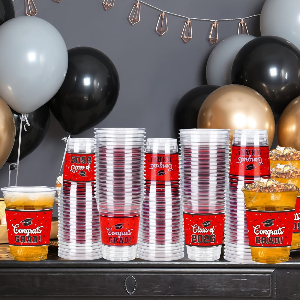 Graduation Plastic Mugs 100 Pack 14oz, 2026 Graduation Party Cups in Black Red Blue Green Purple Maroon for Graduation Ceremo