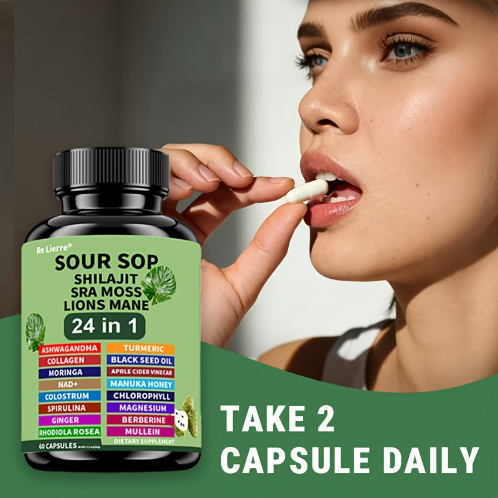 Dietary Supplement Sea Moss 24-in-1 Capsules with Soursop, Lion’s Mane and Shilajit, One or Two Bottles — image 7