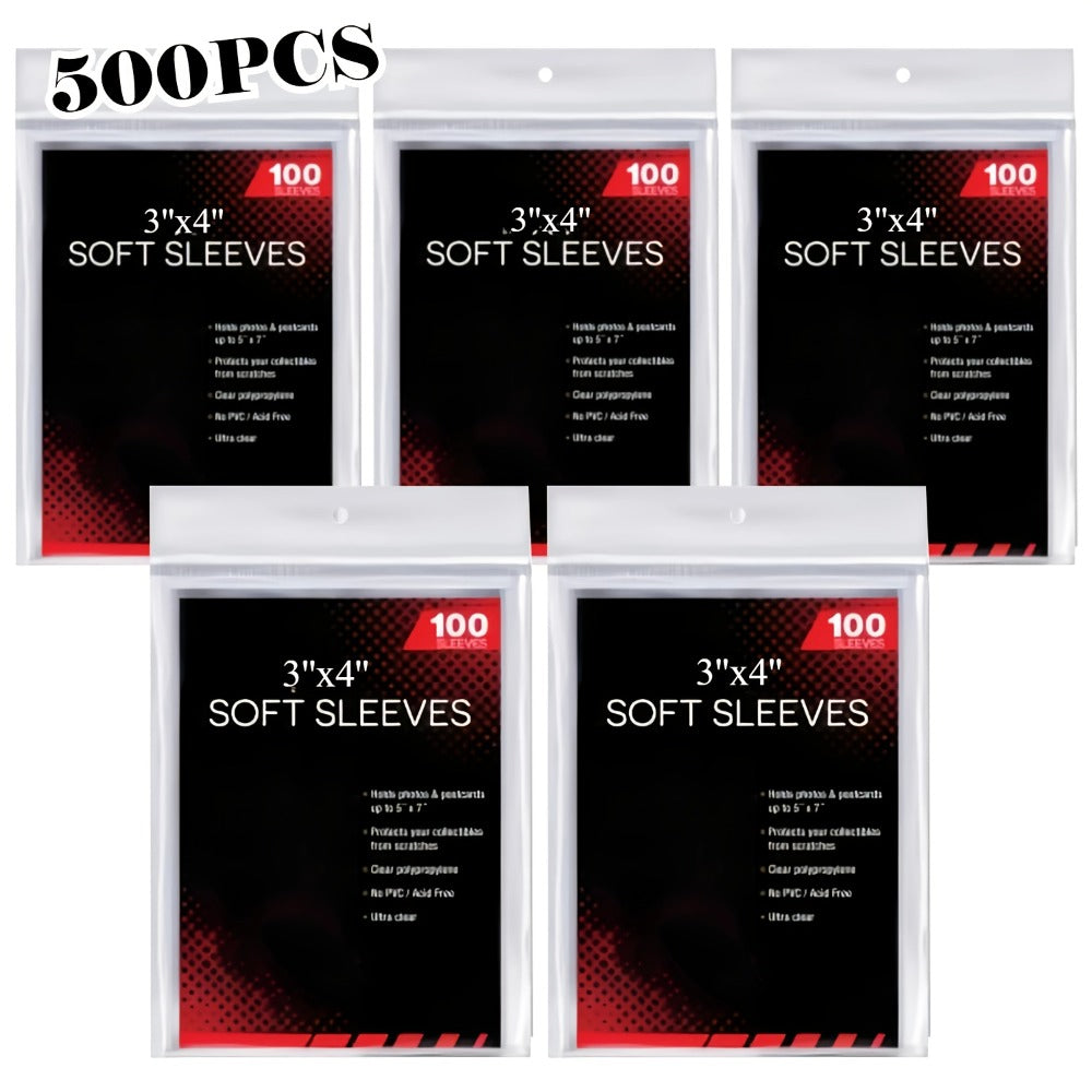 Five-Pack Clear Trading Card Sleeve Set with 100 Soft Sleeves per Pack in Standard 3 x 4-Inch Size — image 1