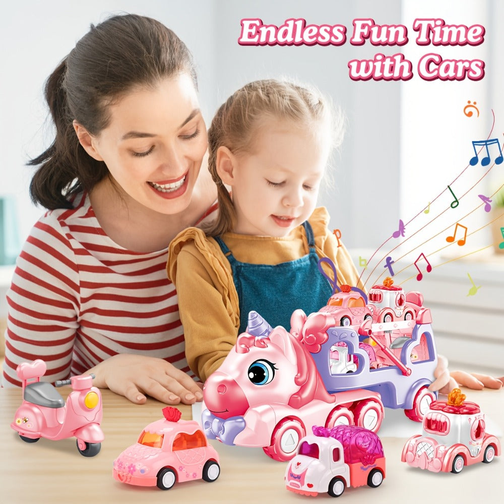 Pink Carrier Truck Toy with 4 Mini Cars, Music & Lights, Battery Powered Pull-Back Transport Vehicle for Girls Boys Ages 3+ —