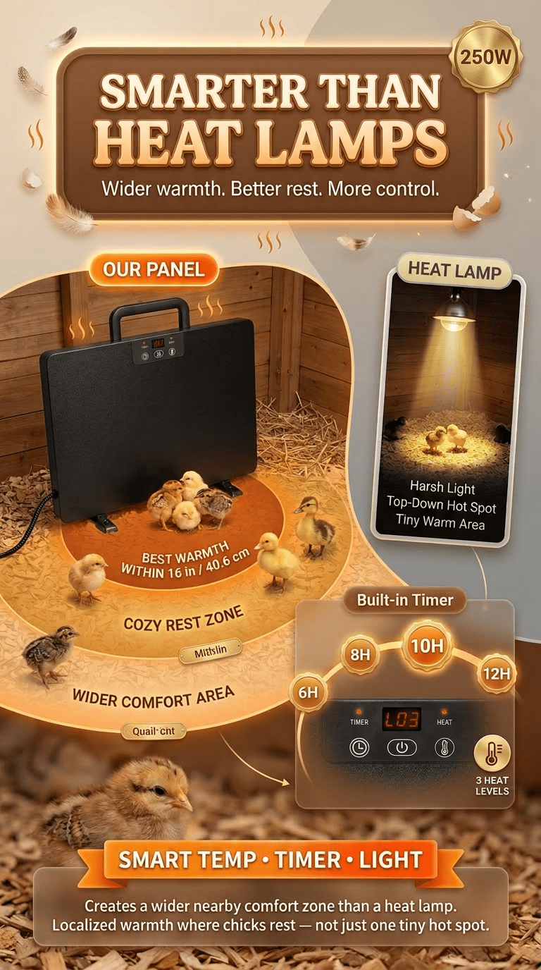 Brooder Heater 250W Heating Panel for Chicks, Ducklings & Quail, 3 Heat Levels, 4-Timer Settings — image 13