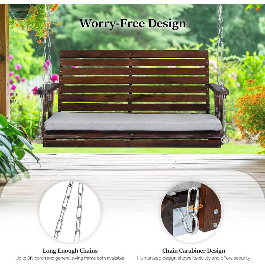 Porch Swing 4 FT Wooden, Outdoor Patio Swing with Adjustable Chains, Rustic Farmhouse Style for Yard — image 3