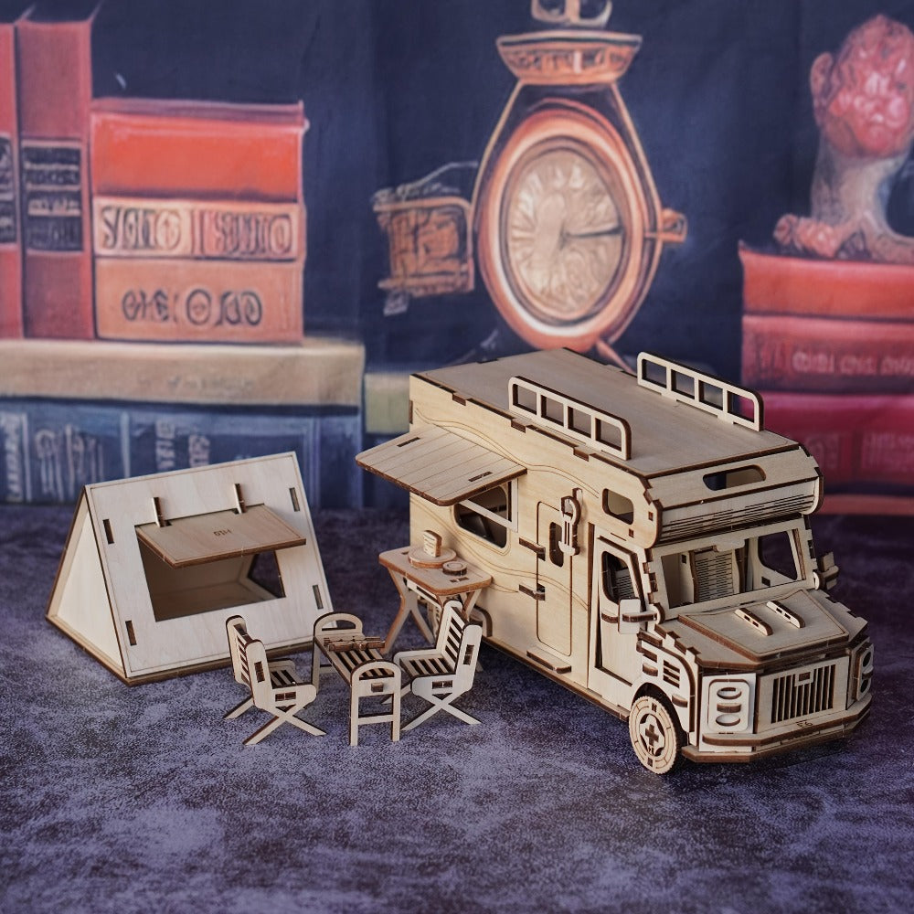 Wooden RV 3D Puzzle Model Kit with Motorhome Body, Fold-Out Side Panels and Miniature Camping Furniture — image 2