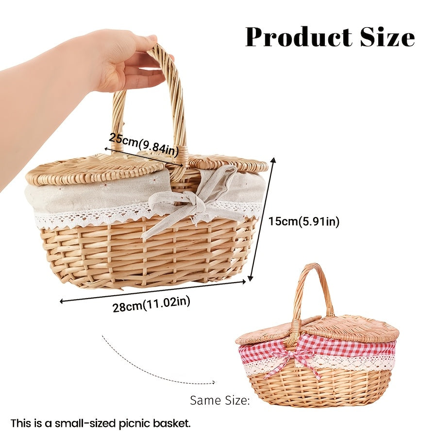 Covered Wicker Picnic Hamper with Twin Lid Panels in Red Plaid or Daisy Pattern Textile Styles — image 3