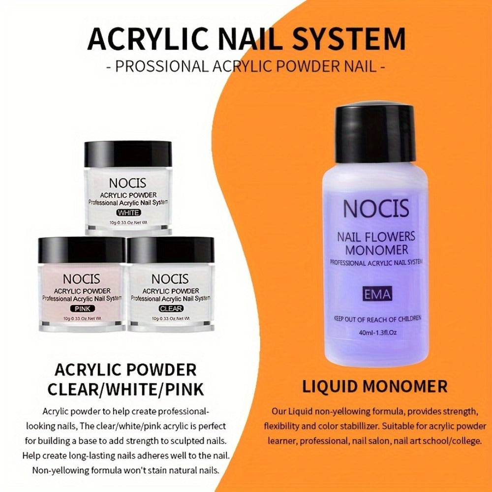 Acrylic Nail Kit NOCIS Clear, Pink and White Powders with Q Monomer, Primer, Brush Cleaner and Four Brushes — image 5
