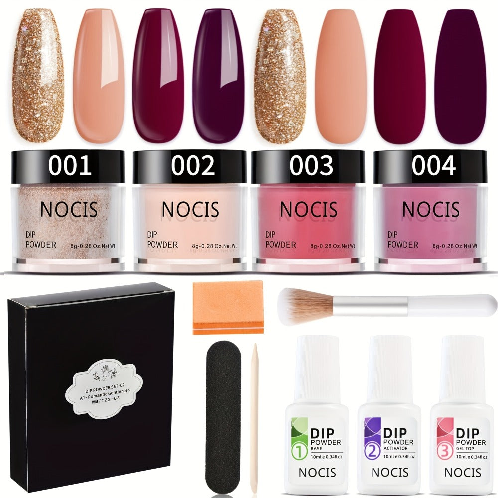 Dip Powder Nail Kit with NOCIS Label, Four Brown Nude Burgundy Glitter Powders, Three 10ml Liquids and Tools — image 3