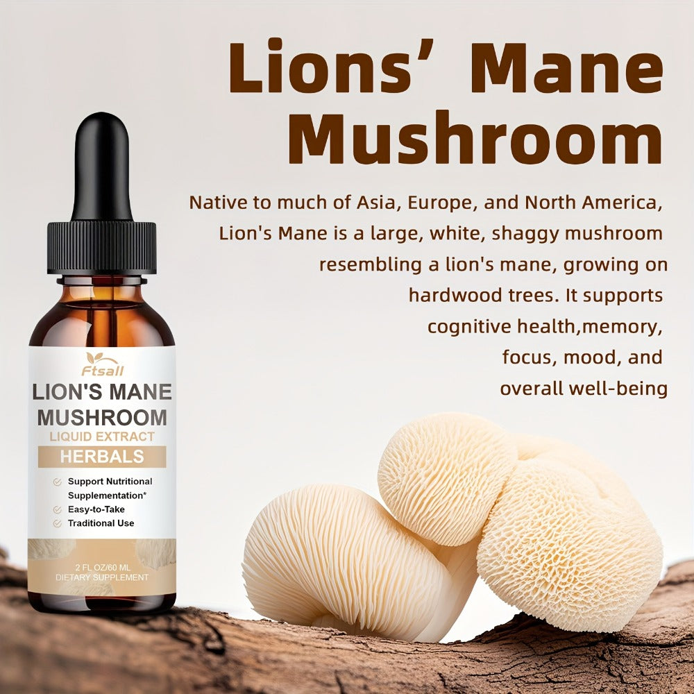 Lion's Mane Mushroom Liquid Drops 2fl oz Natural Herbal Extract for Brain Support, Focus, Memory & Cognitive Clarity for Men 