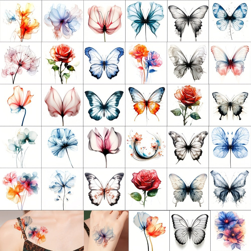 Temporary Tattoos GLARYYEARS 45-Sheet Watercolor Floral Set with 12 Large and 33 Small Designs for Arm, Wrist and Shoulder — 