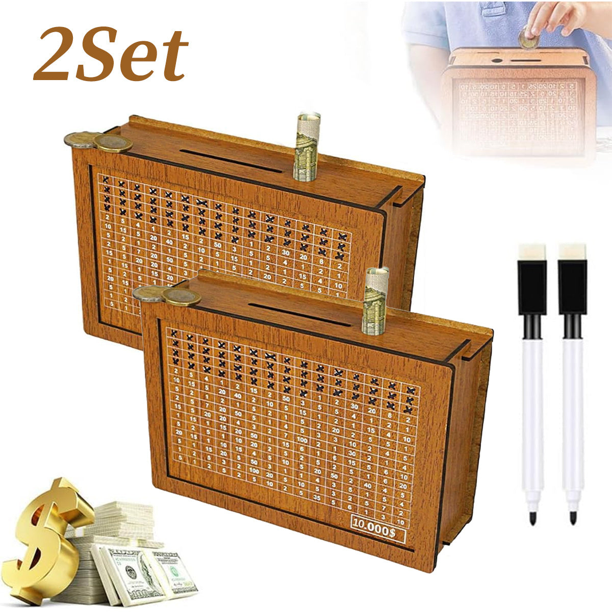 Wooden Savings Bank with Digital Counter 2-Pack, 7.87x5.7" Adult Coin Bank Holds $10, 000, Savings Goal Tracker Box — image 1