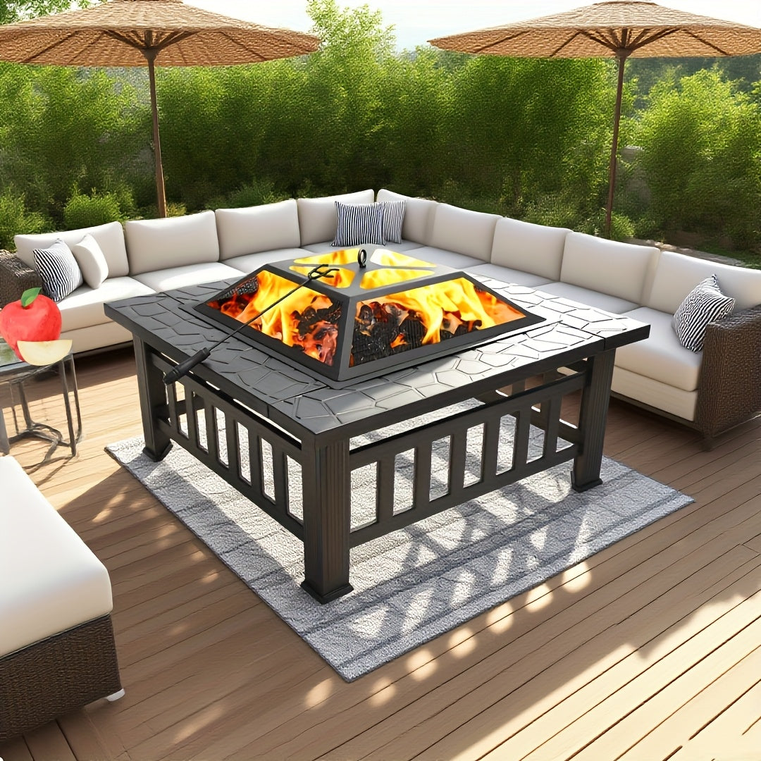 Black Square Fire Pit Table with Raised Mesh Cover, Perforated Side Panels and Wood-Burning Bowl — image 1