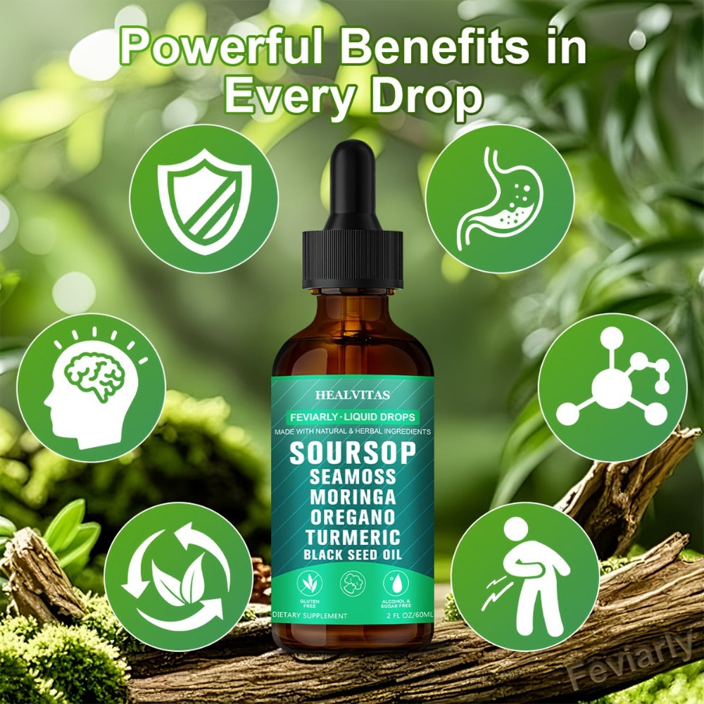 Soursop Bitters Liquid Supplement 2oz 10-in-1 with Seaweed Moringa Turmeric Black Seed Oil & Oregano Herbal Extracts — image 