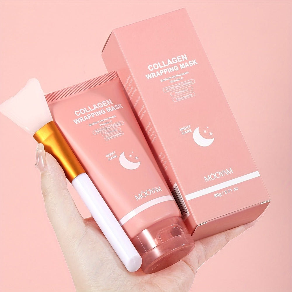 Hydrolyzed Collagen Night Mask with Brush – Niacinamide Hyaluronic Acid Vitamin C Korean Skincare Sleeping Mask for Elasticit