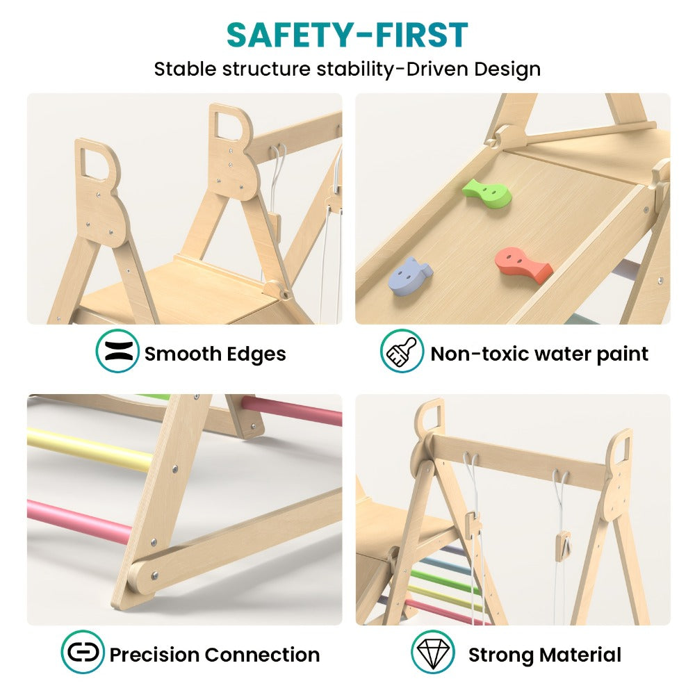 Foldable Indoor Wooden Jungle Gym for Toddlers, 4-in-1 Climbing Frame with Swing, Slide & Ladder — image 7