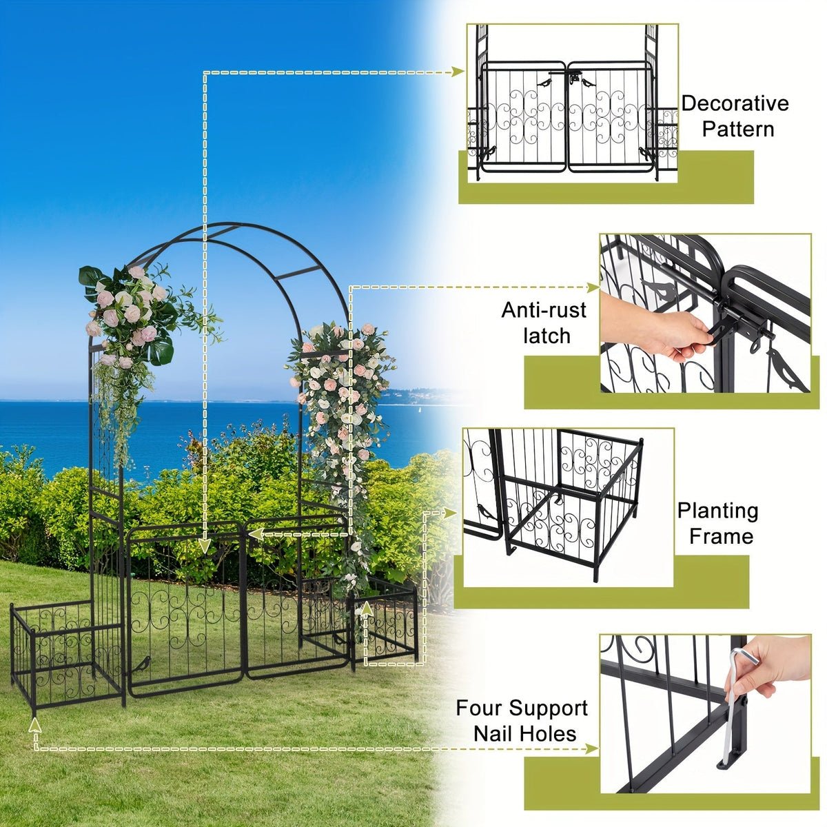 Wrought Iron Garden Arch 7ft Rose Trellis Multi-Style for Garden, Patio and Yard Use, with the Listed Configuration — image 2