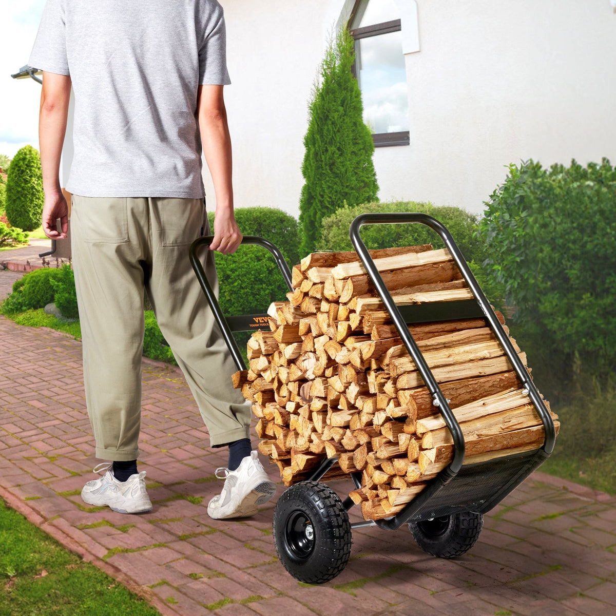 Firewood Log Cart, Carbon Steel Wood Carrier with Pneumatic Rubber Wheels for Garden, Patio and Yard Use — image 5