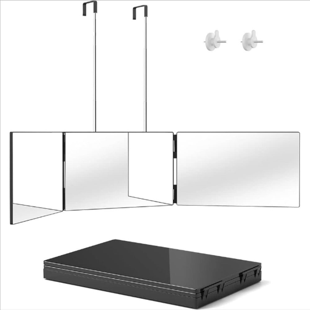 Three-Way Folding Mirror for Haircutting 360° View Anti-Fog HD Glass Height-Adjustable Telescopic Hook – Foldable Three-Sided