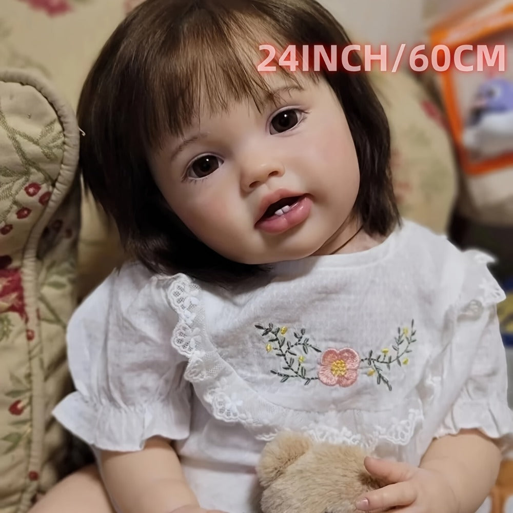 Reborn Baby Doll 24-Inch Cloth Body with Vinyl Limbs, Rooted Brown Hair, Open Eyes, Outfit and Feeding Accessories — image 2