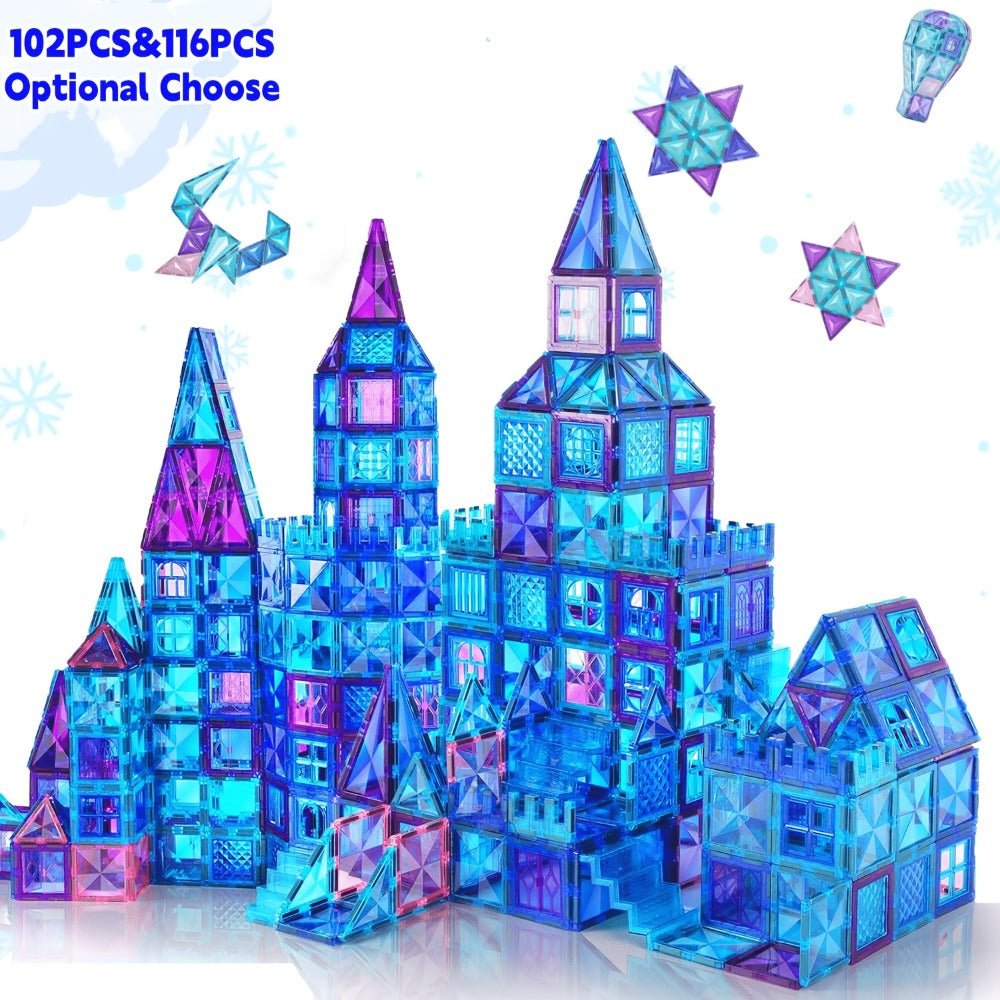 Castle Magnetic Tiles Building Set 102 or 116 Pcs, 3D STEM Sensory Blocks, Pretend Castle Playset for Preschool Boys & Girls 