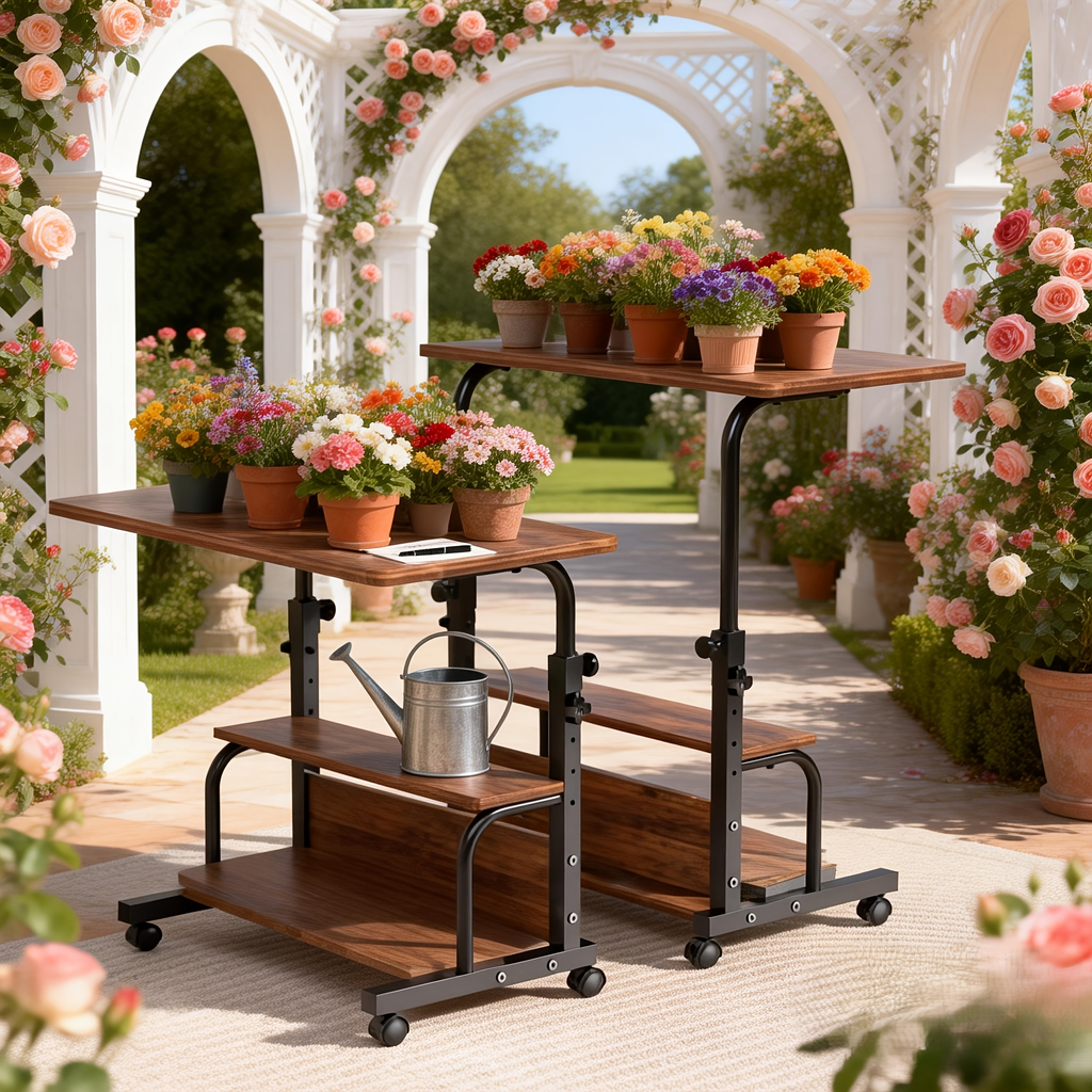 Garden Work Table 31.5" Adjustable Height Mobile Desk with Storage Shelves, Metal Frame, for Patio Outdoor Bedroom Office Pot