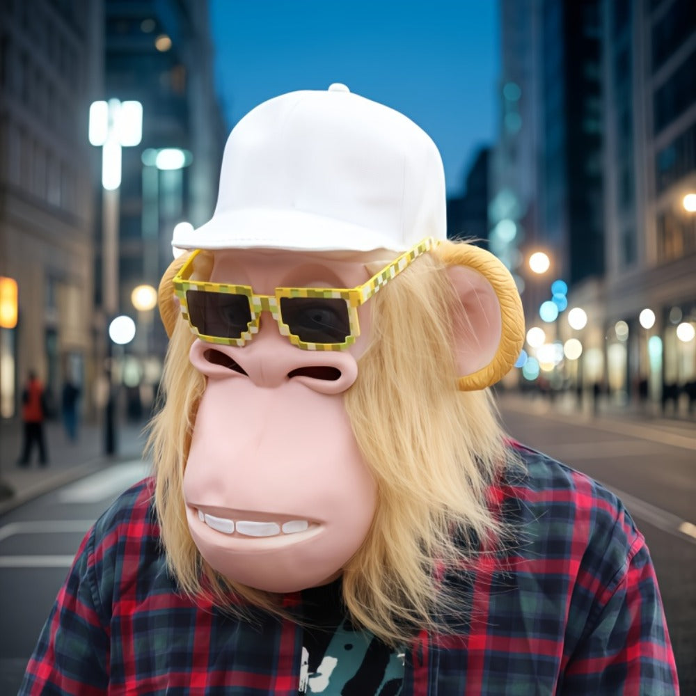 White-Haired Cartoon Ape Full-Head Costume Mask with White Cap and Pixel-Style Glasses in Two Face Styles — image 9