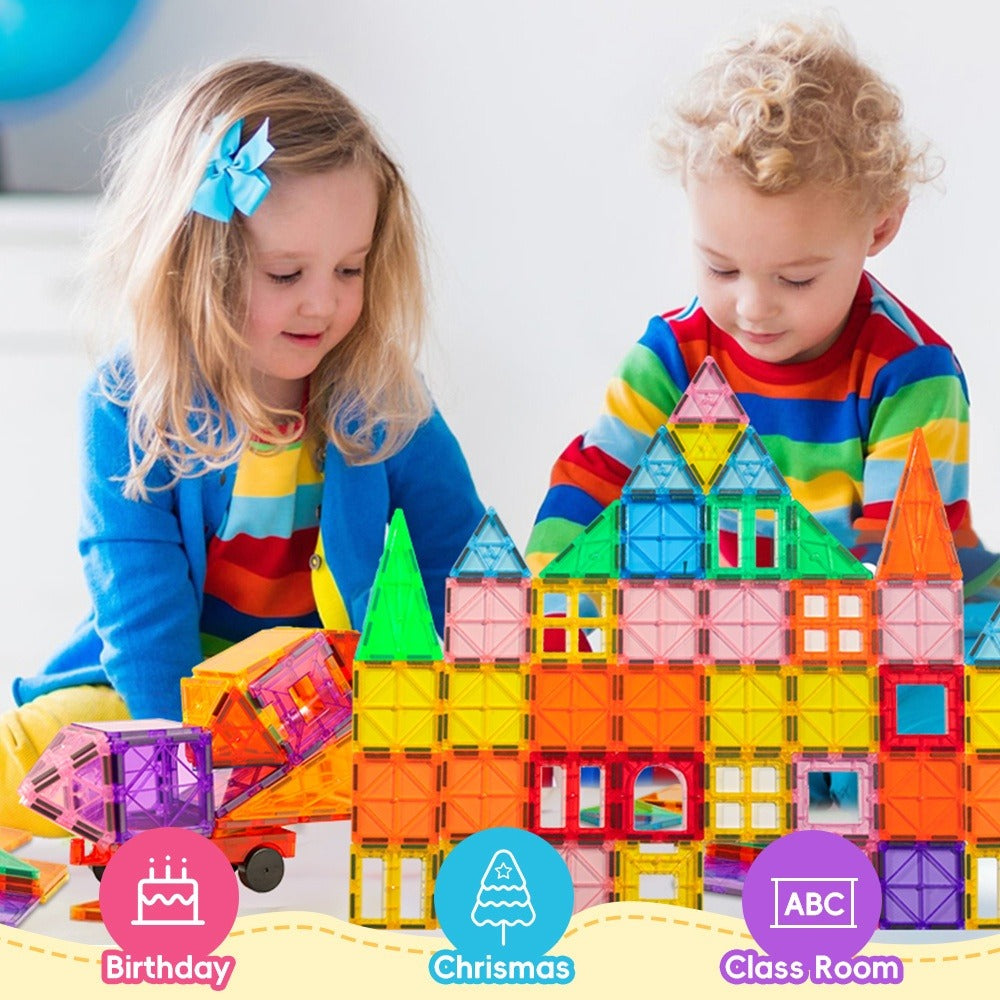 Magnetic Tiles for Kids 106/136pcs with 2 Toy Cars – STEM Approved Educational Magnet Building Blocks Set Stacking Puzzle Toy