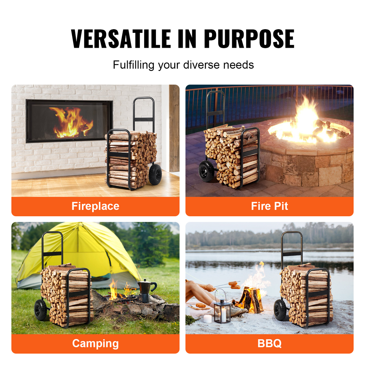 Firewood Log Cart, Carbon Steel Wood Carrier with Pneumatic Rubber Wheels for Garden, Patio and Yard Use — image 9