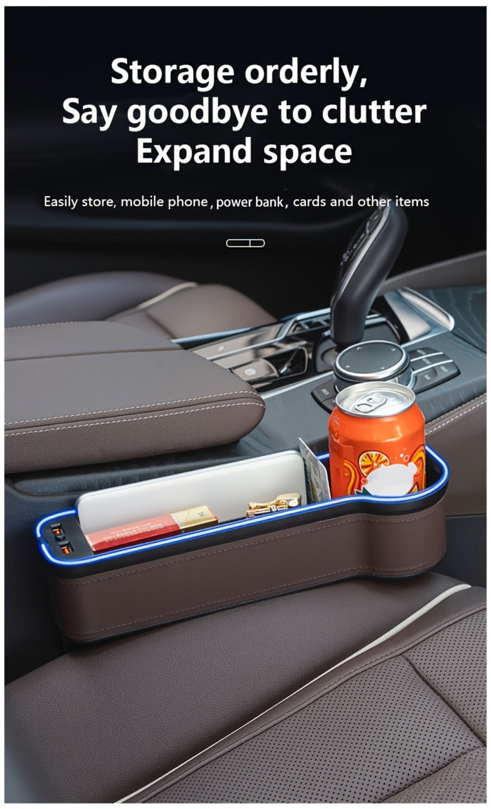 Black Lighted Seat-Gap Car Organizer with Phone Slot, USB Ports and Driver, Passenger or Pair Options — image 12