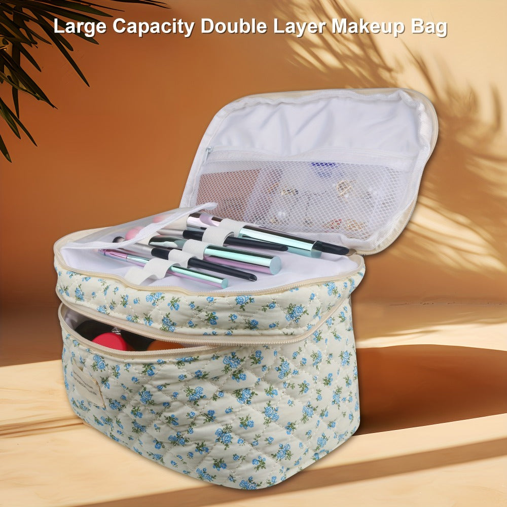 Makeup Bag Three-Piece Quilted Cotton Dual-Layer Floral Pouch Set for Travel, Vanity and Everyday Beauty Storage — image 3