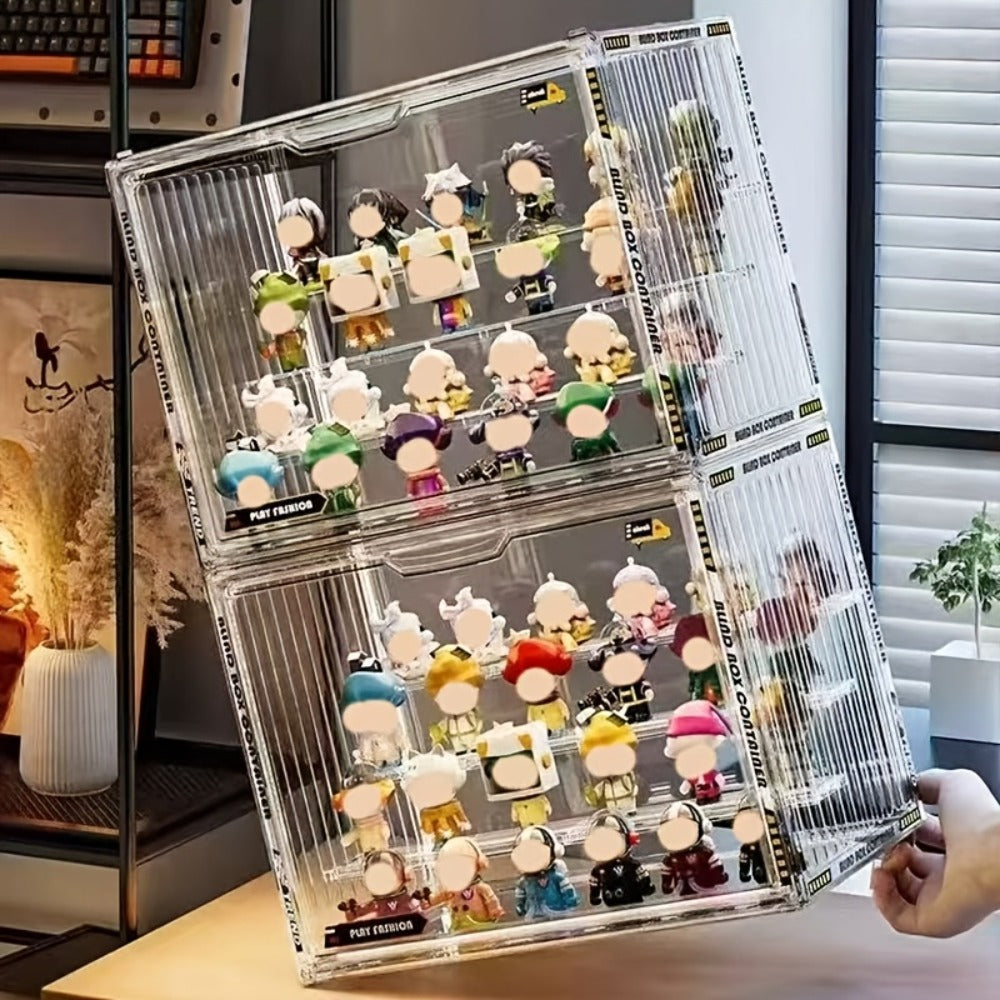 Acrylic Display Case for Figures 3 & 4 Tiers with Adjustable Dividers – Clear Dust-Proof Showcase Box with Magnetic Door for 