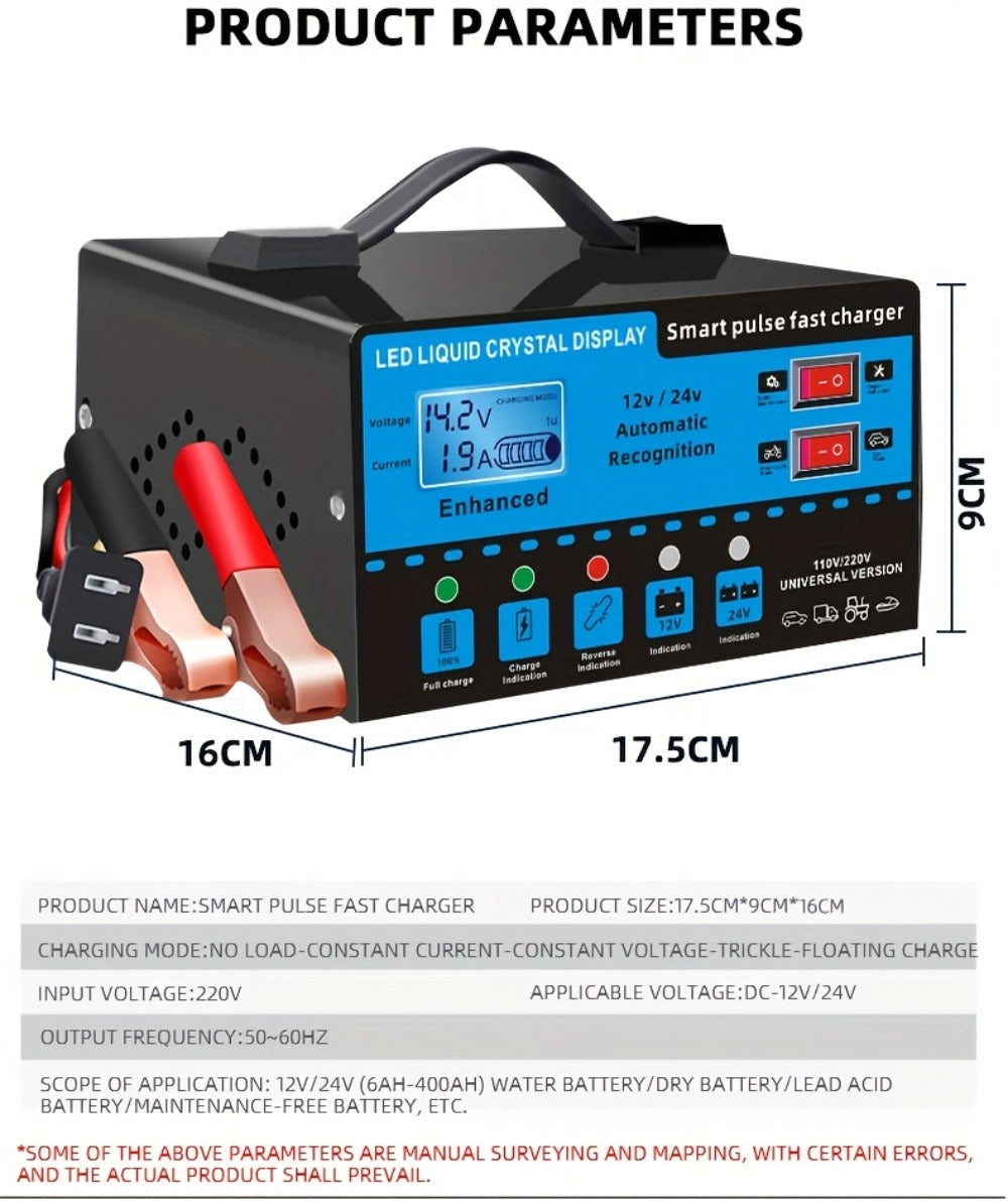 Intelligent Battery Charger & Inverter 12V & 24V – LCD Display, Trickle Maintenance, Overcharge & Short Circuit Protection fo